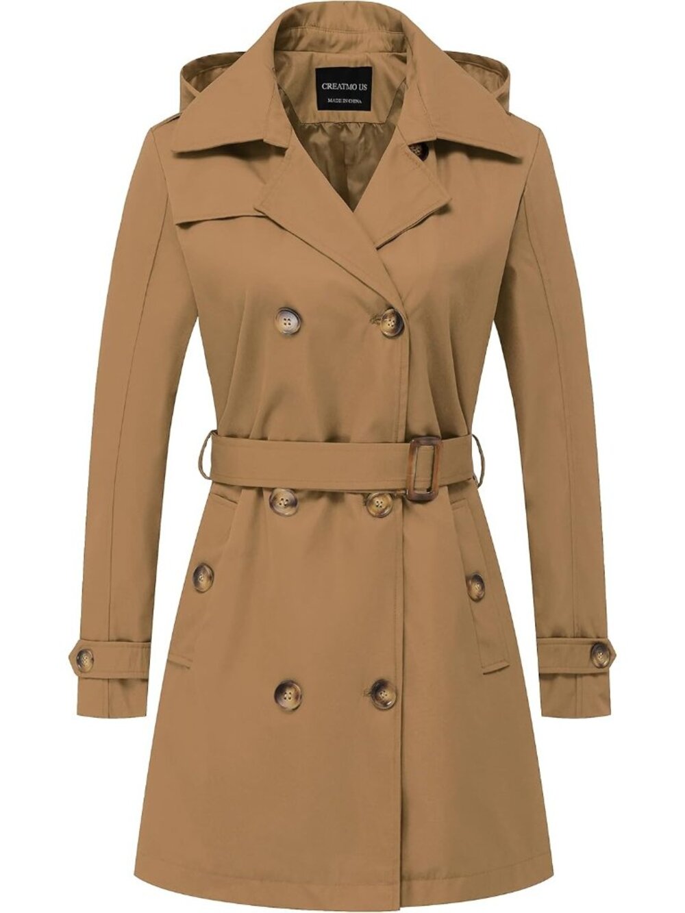 Women's Camel Polyester Cuff Sleeve Detachable Hood Double-Breasted Trench Coat